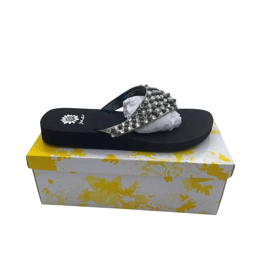 Yellow Box Idetta Pewter Rhinestone Studded Wedge Flip Flop Sandals Womens 11 - Picture 7 of 11